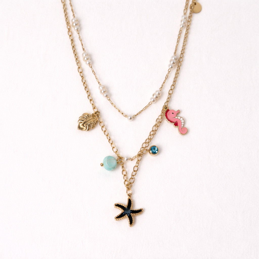 Gold-Plated Ocean Charm Layered Necklace with Pearls