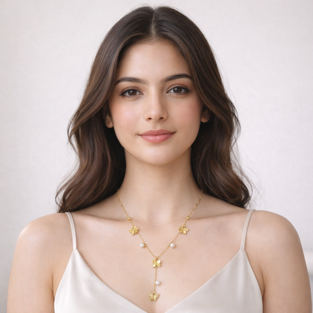Butterfly Pearl Drop Necklace – Gold Finish Elegant Y-Chain Jewelry
