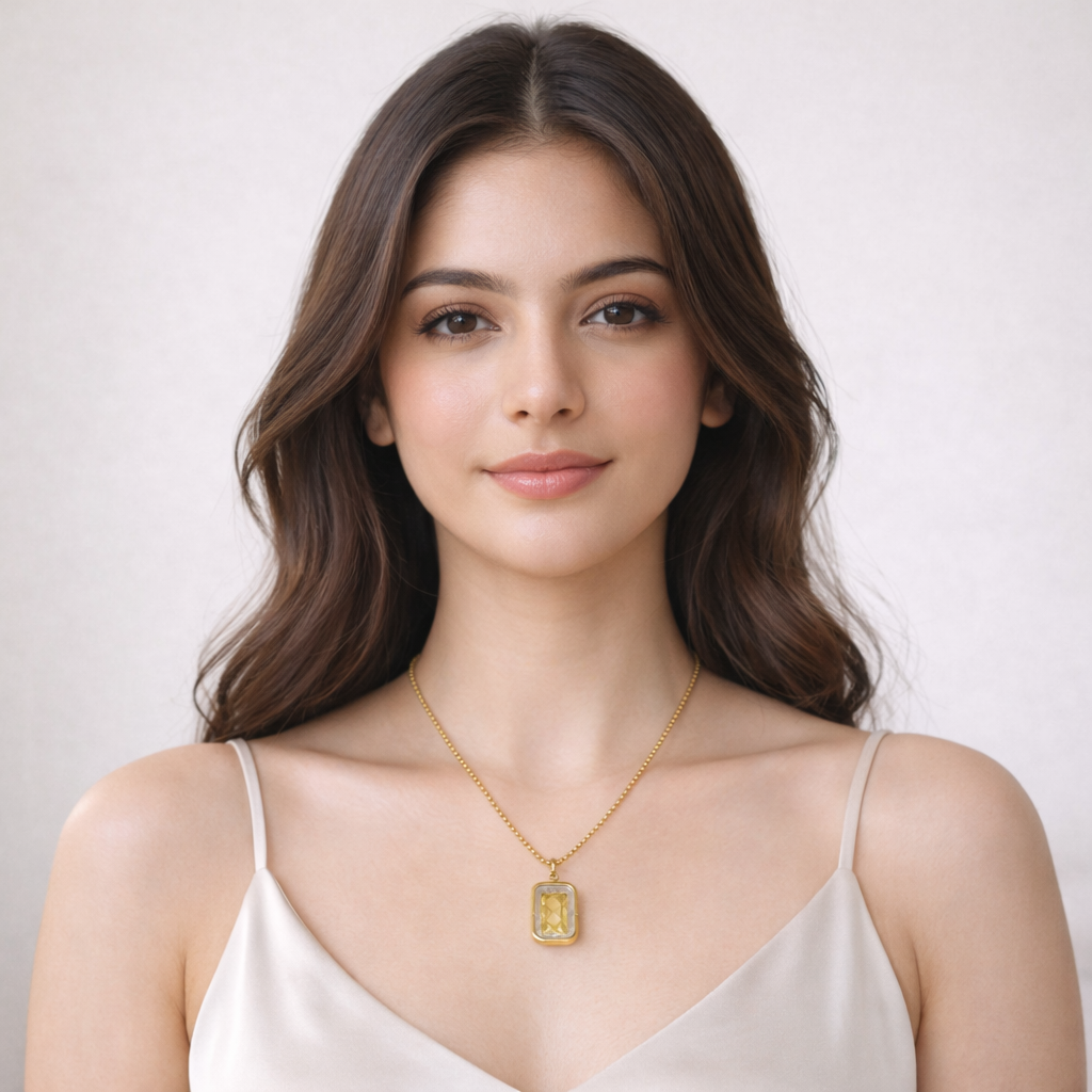 Rectangular Crystal Pendant Necklace – Gold Finish Beaded Chain