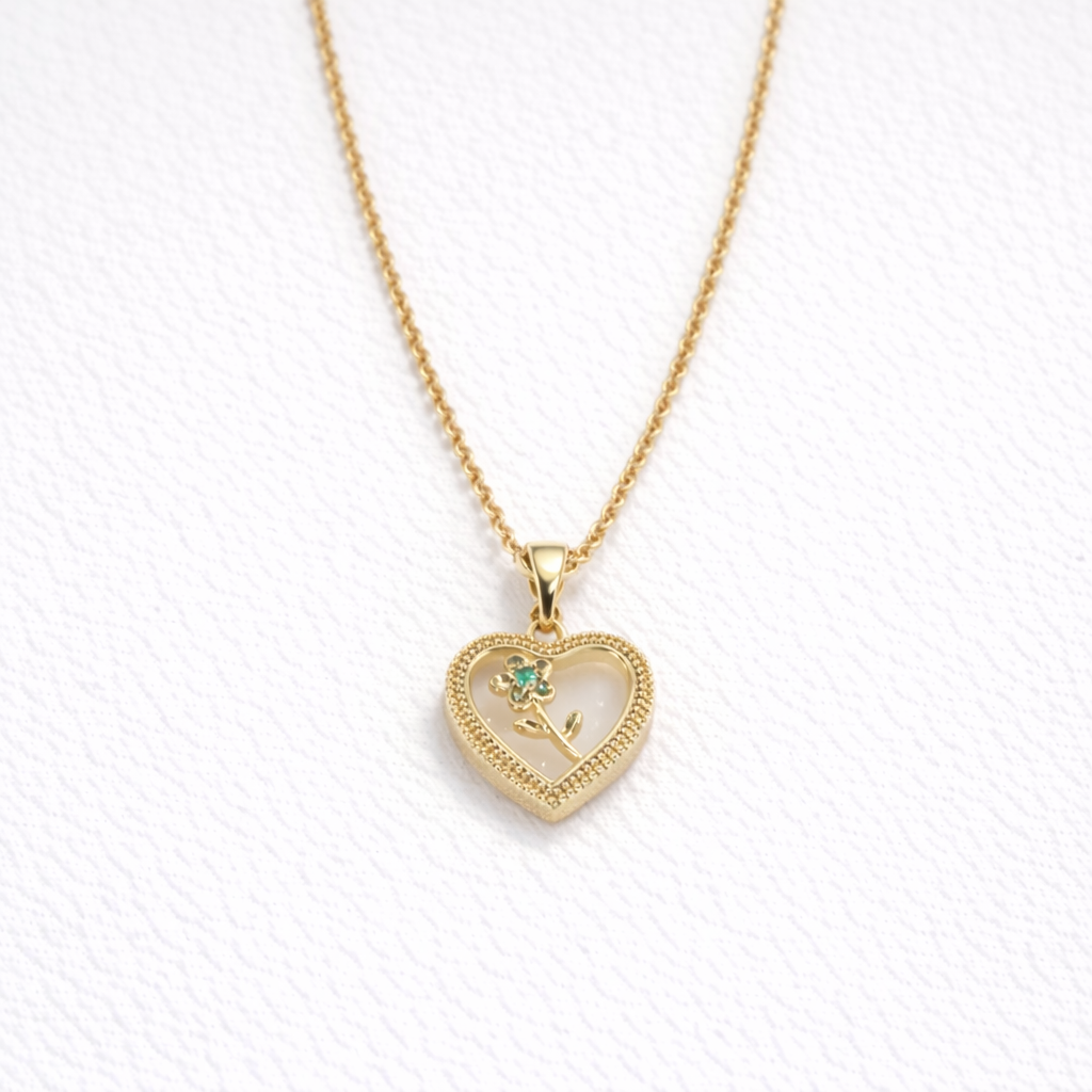 Elegant Heart Flower Pendant Necklace – Gold Finish Romantic Jewelry