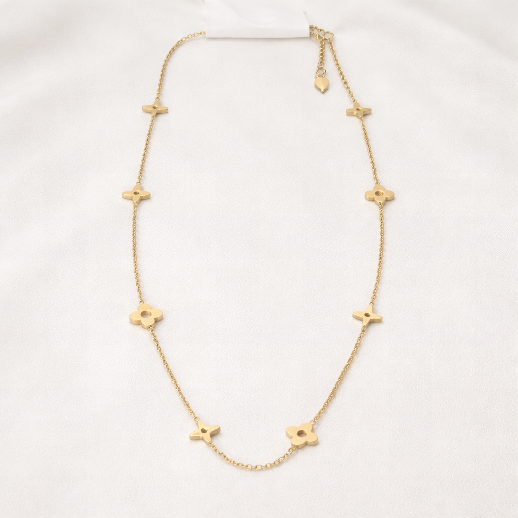 Floral Motif Long Chain Necklace – Gold Finish Elegant Jewelry