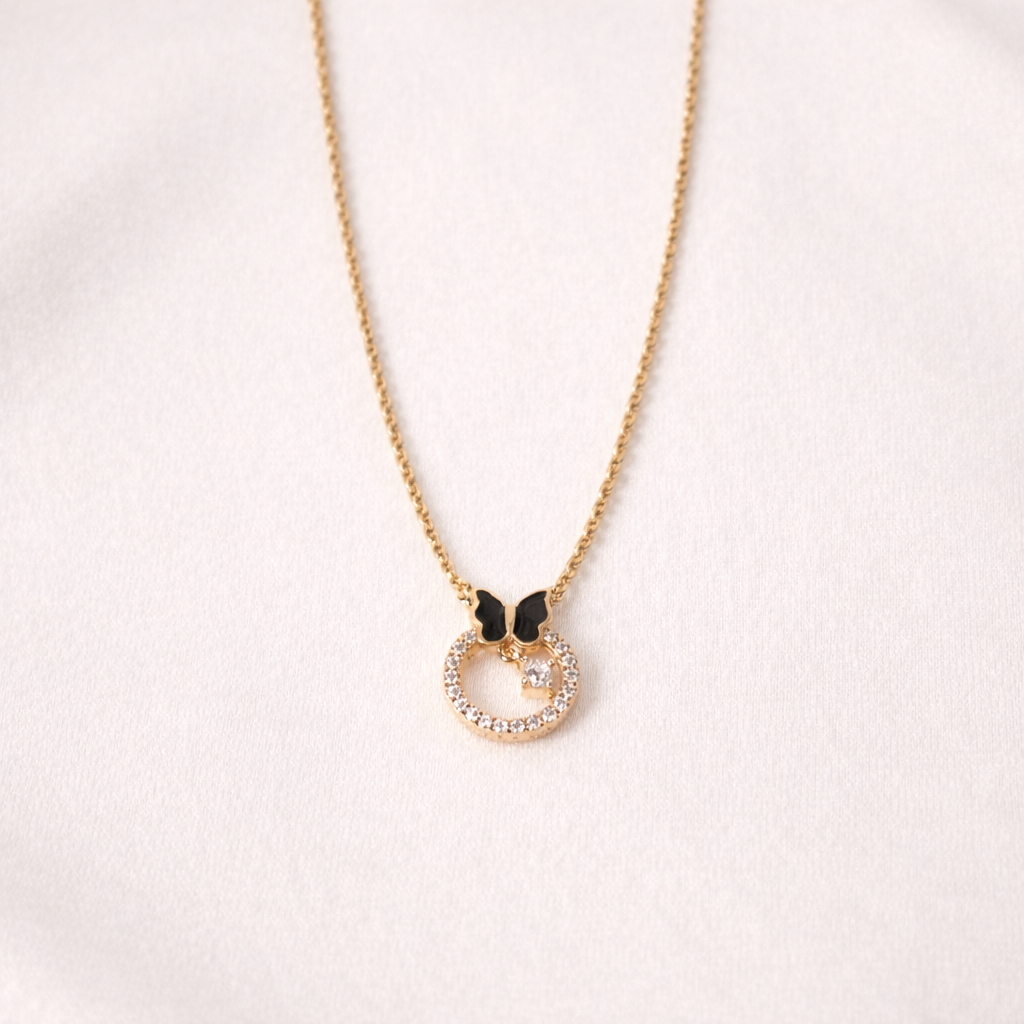 Gold-Plated Black Butterfly Circle Pendant Necklace