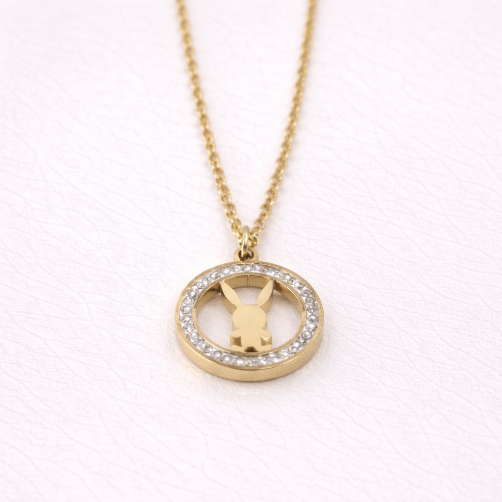 Gold-Plated Crystal Bunny Circle Pendant Necklace