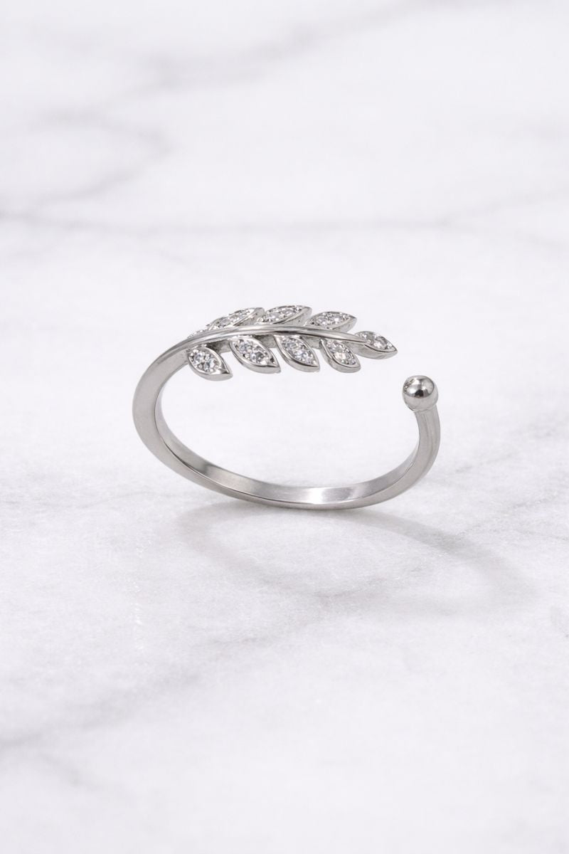 Elegant Leaf Design Adjustable Silver Ring with Crystals
