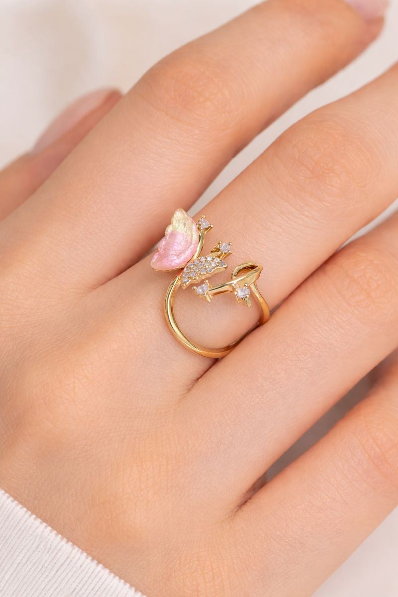 Pink Butterfly Gold Adjustable Ring with Crystal Details
