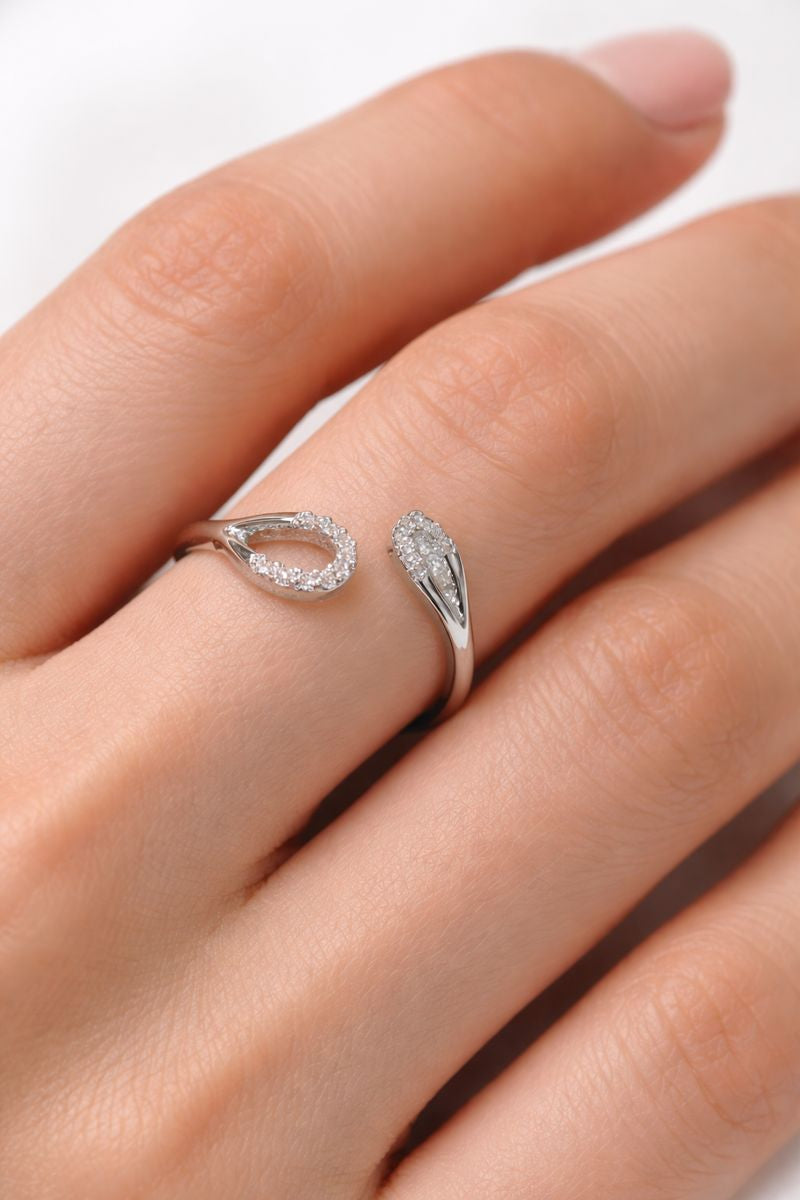 Elegant Open Teardrop Silver Ring with Crystal Accents