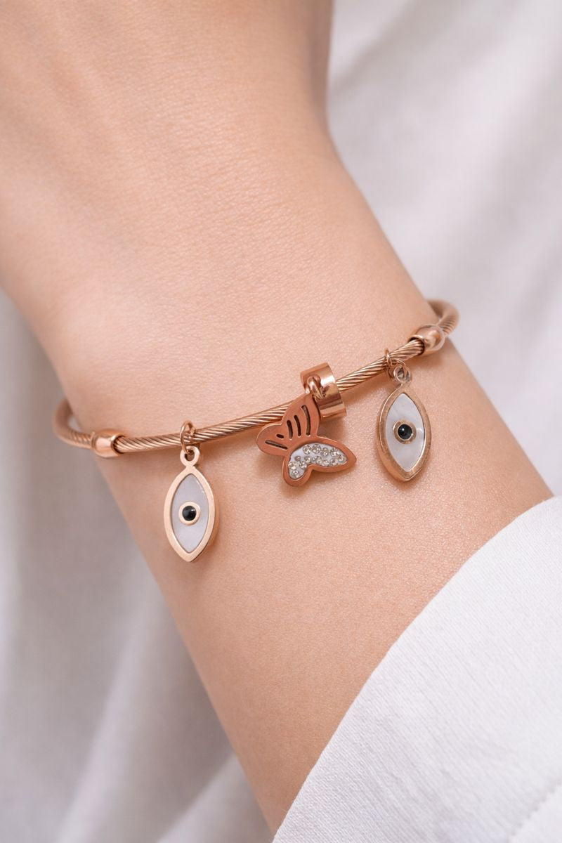 Rose Gold Charm Bracelet with Butterfly & Evil Eye