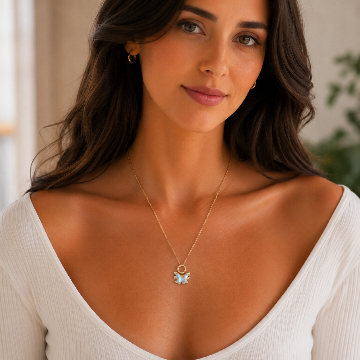 Blue Crystal Butterfly Pendant Necklace – Gold Finish Elegant Jewelry