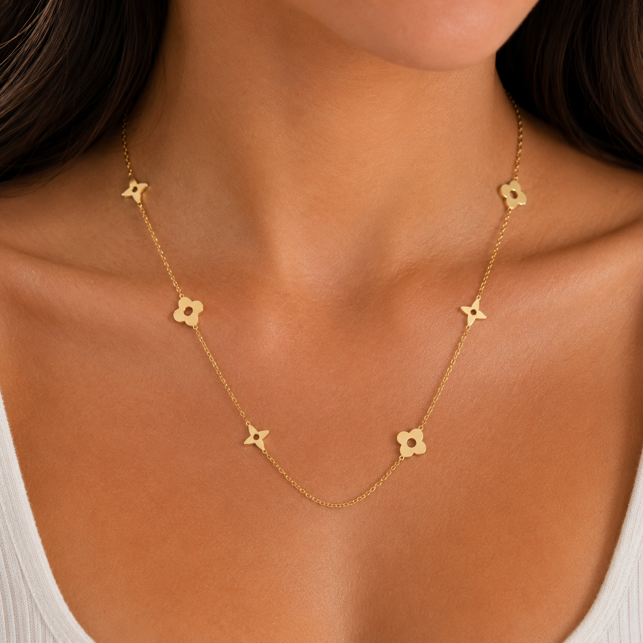 Floral Motif Long Chain Necklace – Gold Finish Elegant Jewelry