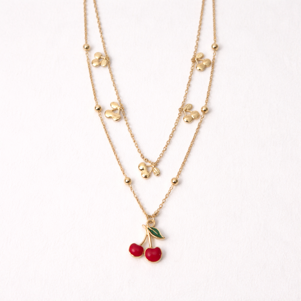 Gold-Plated Cherry Charm Layered Necklace