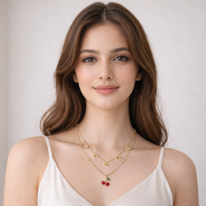 Gold-Plated Cherry Charm Layered Necklace