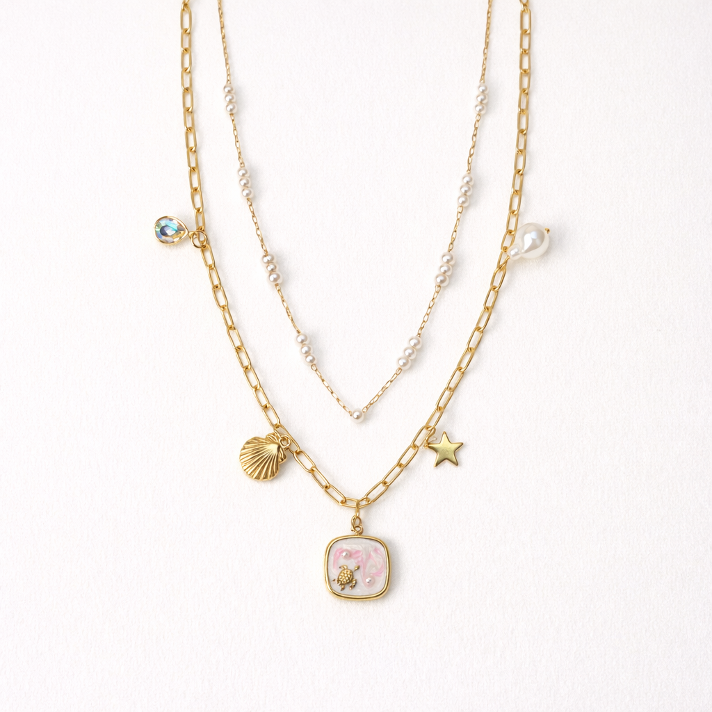 Gold-Plated Layered Ocean Charm Necklace with Pearls
