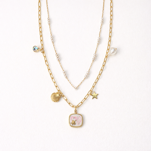Gold-Plated Layered Ocean Charm Necklace with Pearls