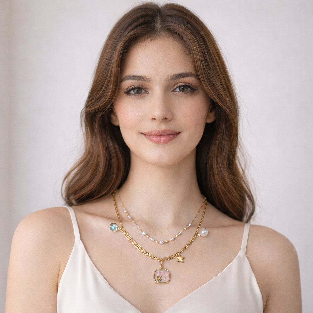 Gold-Plated Layered Ocean Charm Necklace with Pearls