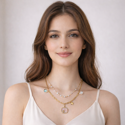 Gold-Plated Layered Ocean Charm Necklace with Pearls
