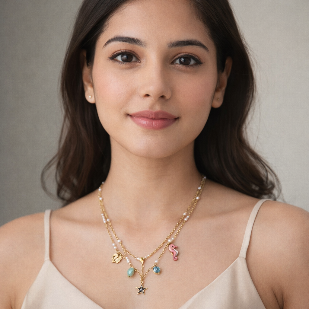 Gold-Plated Ocean Charm Layered Necklace with Pearls