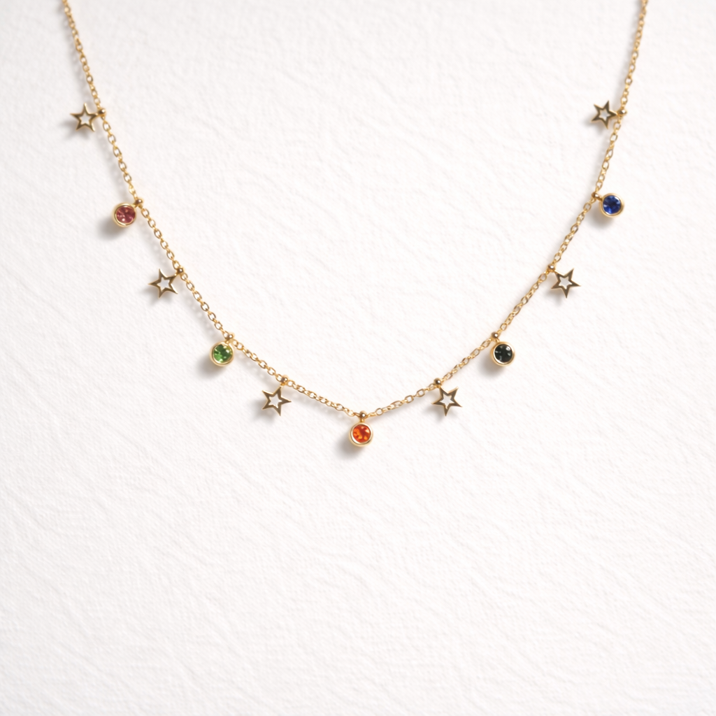 Celestial Star Charm Necklace – Gold Finish with Multicolor Crystals