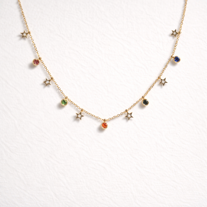 Celestial Star Charm Necklace – Gold Finish with Multicolor Crystals
