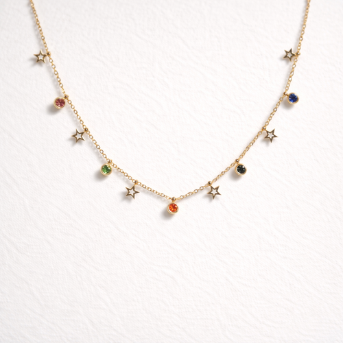 Celestial Star Charm Necklace – Gold Finish with Multicolor Crystals