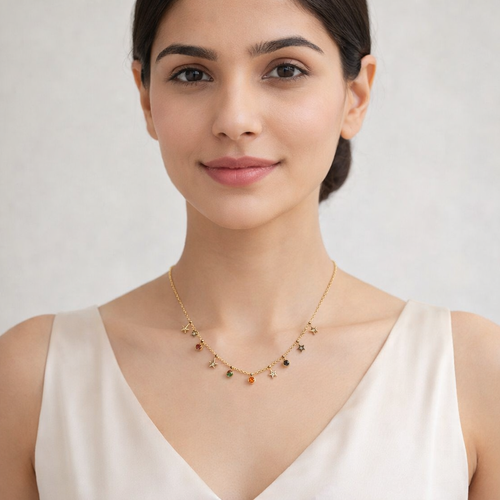 Celestial Star Charm Necklace – Gold Finish with Multicolor Crystals