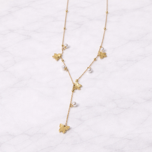 Butterfly Pearl Drop Necklace – Gold Finish Elegant Y-Chain Jewelry