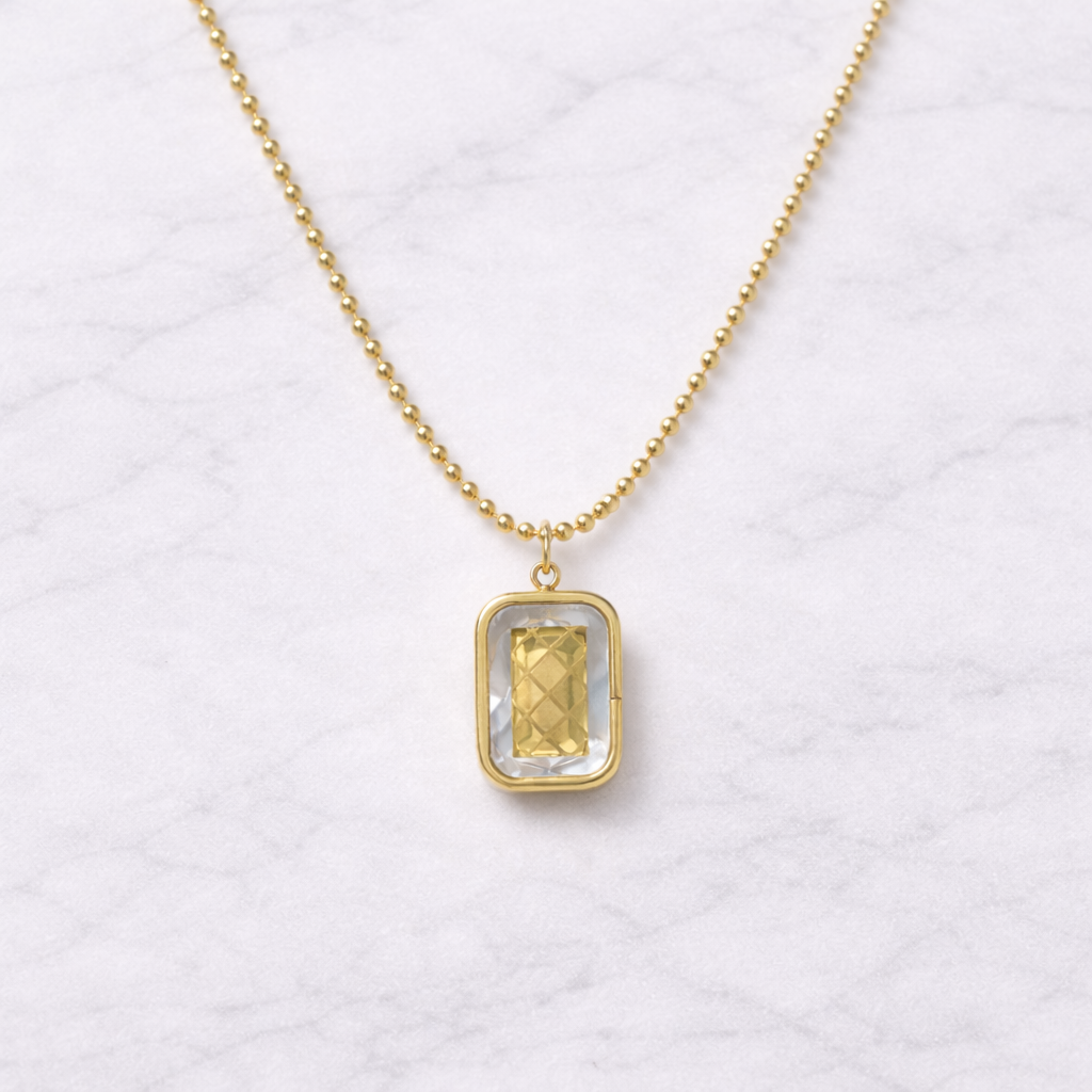 Rectangular Crystal Pendant Necklace – Gold Finish Beaded Chain