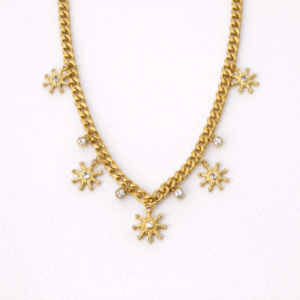 Gold-Plated Sunburst Charm Statement Necklace