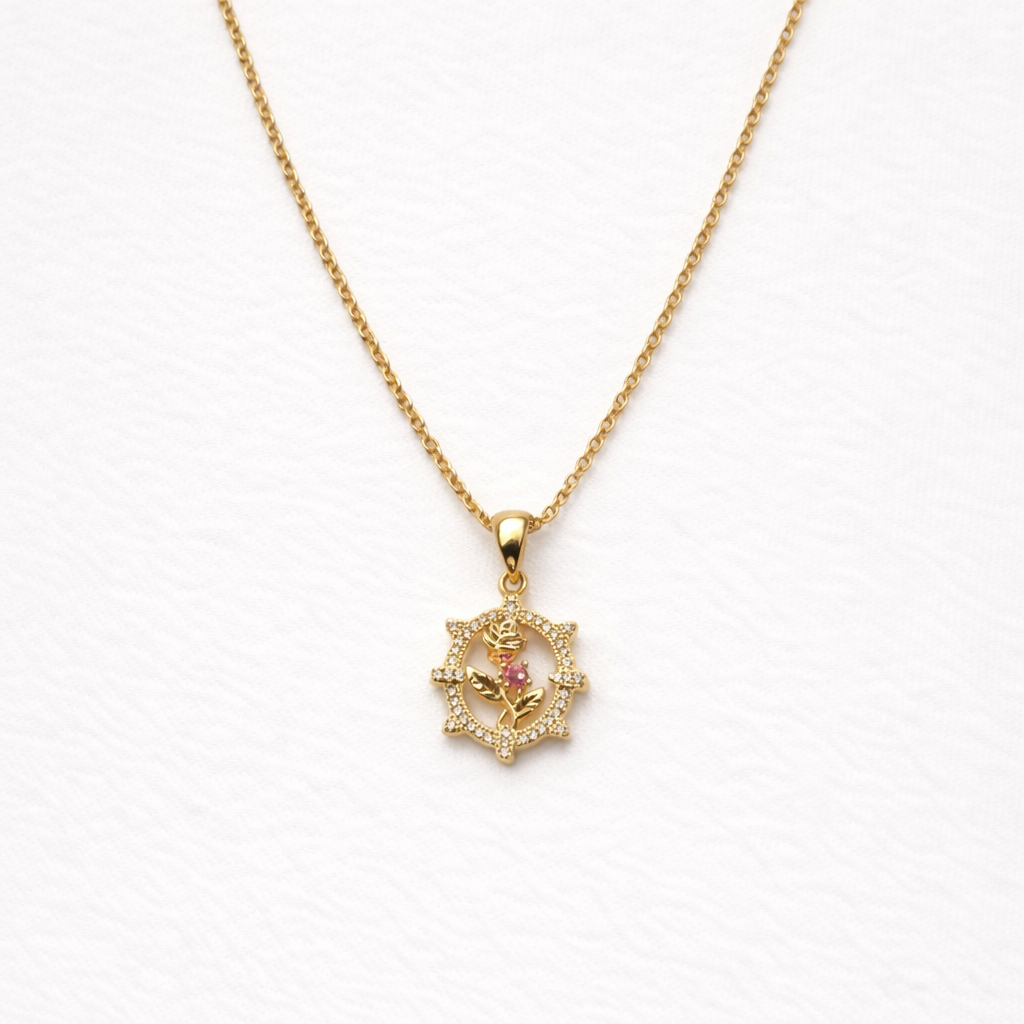 Crystal Rose Pendant Necklace – Gold Finish Elegant Floral Jewelry