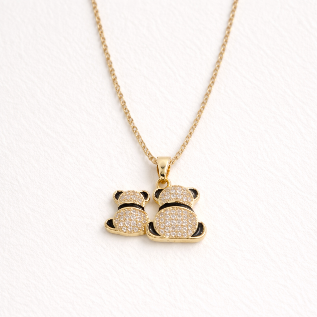 Double Panda Crystal Pendant Necklace – Gold Finish Cute & Elegant Jewelry