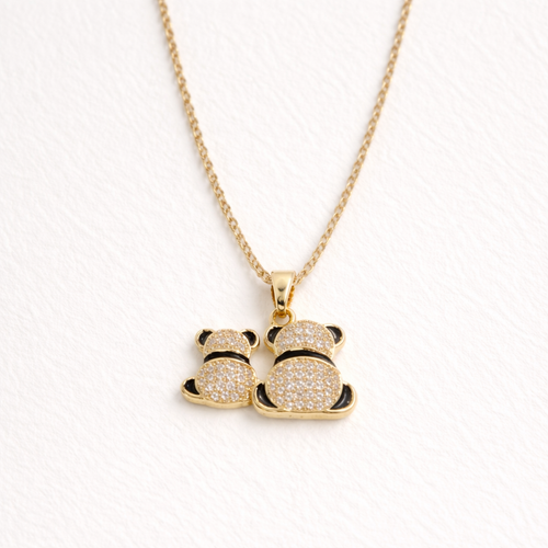 Double Panda Crystal Pendant Necklace – Gold Finish Cute & Elegant Jewelry