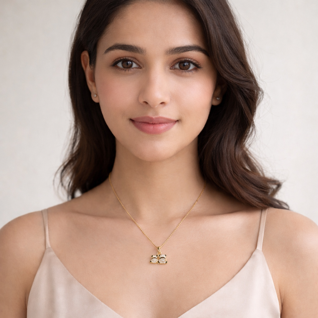 Double Panda Crystal Pendant Necklace – Gold Finish Cute & Elegant Jewelry