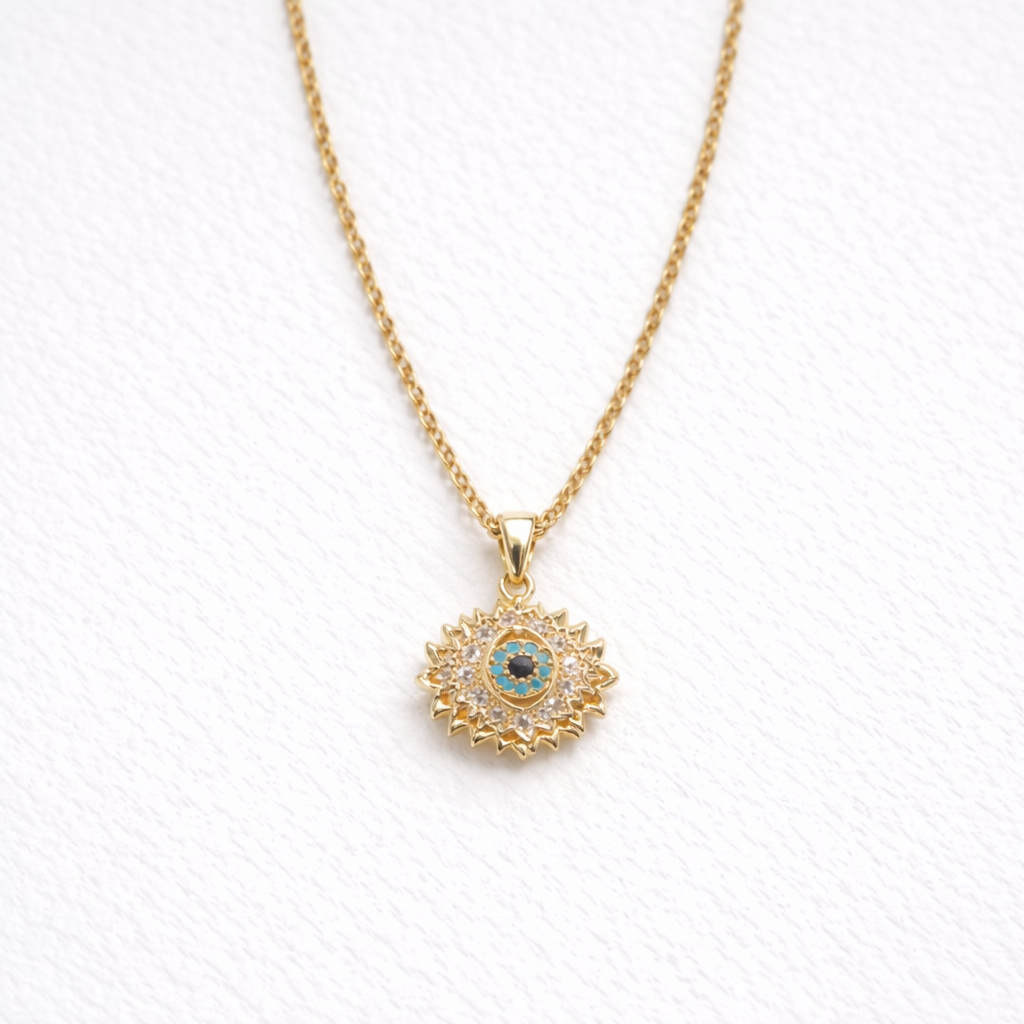 Sunburst Evil Eye Pendant Necklace – Gold Finish Protective Luxury Jewelry