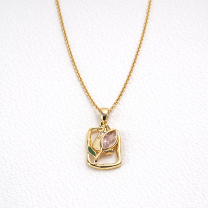Abstract Floral Crystal Pendant Necklace – Gold Finish Elegant Jewelry