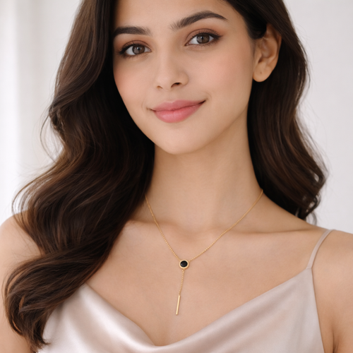 Black Roman Disc Y-Drop Necklace – Gold Finish Minimal Jewelry