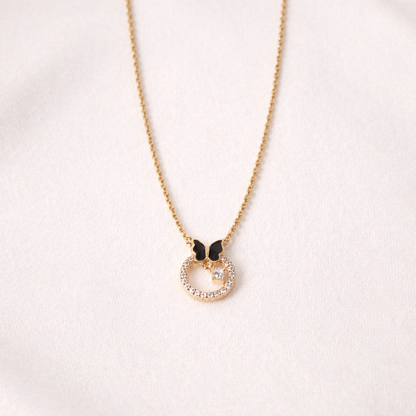 Gold-Plated Black Butterfly Circle Pendant Necklace