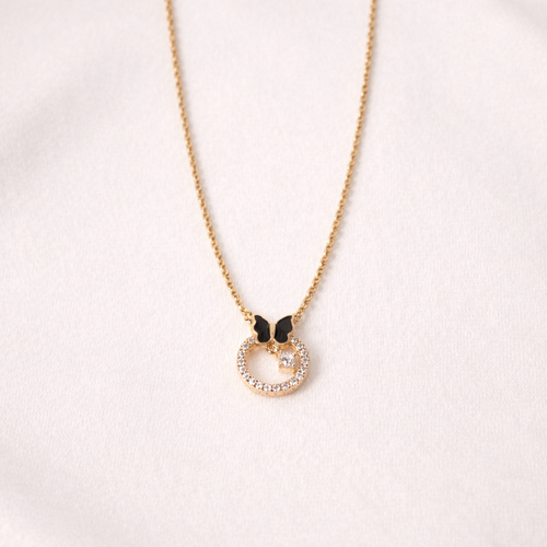 Gold-Plated Black Butterfly Circle Pendant Necklace