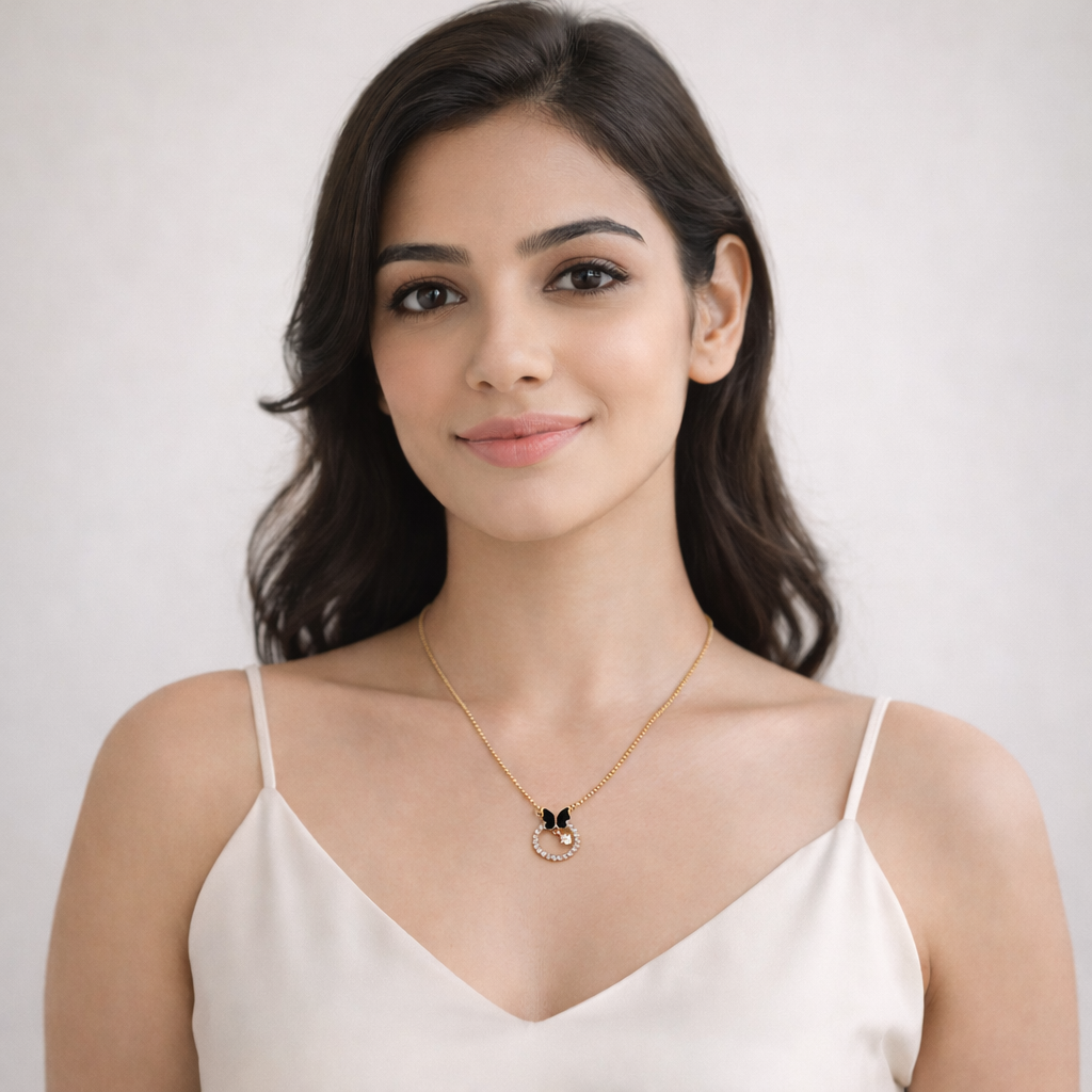 Gold-Plated Black Butterfly Circle Pendant Necklace