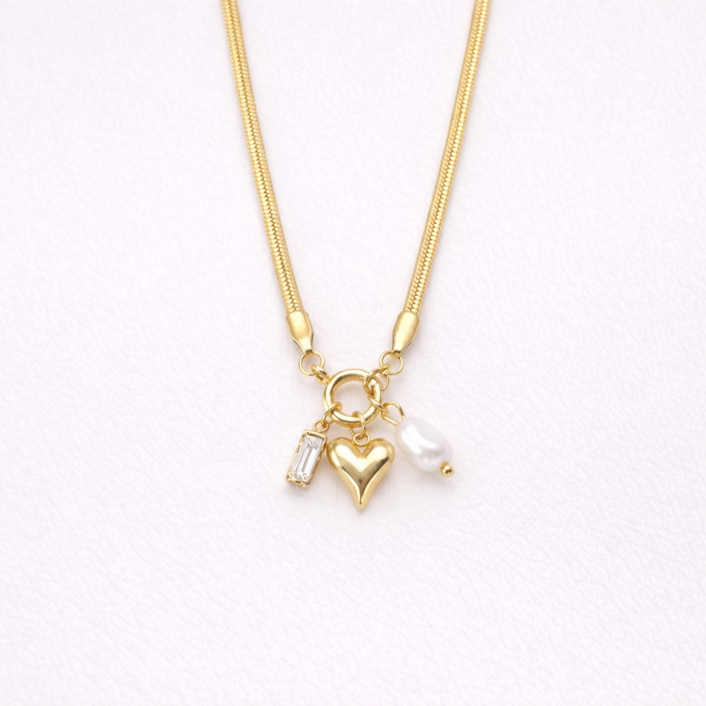 Gold-Plated Heart Charm Necklace with Pearl & Crystal Accents