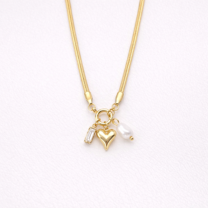 Gold-Plated Heart Charm Necklace with Pearl & Crystal Accents