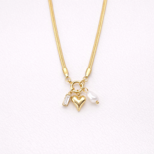Gold-Plated Heart Charm Necklace with Pearl & Crystal Accents