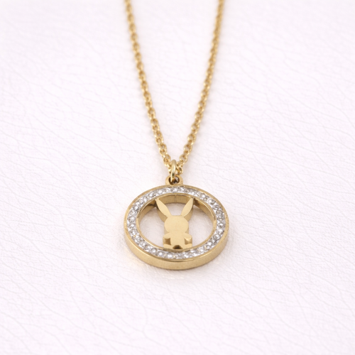 Gold-Plated Crystal Bunny Circle Pendant Necklace