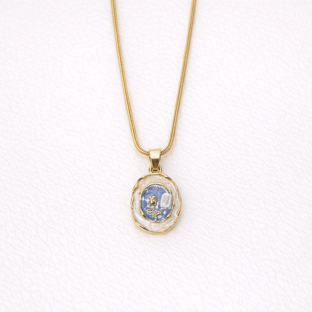 Gold-Plated Blue Enamel Floral Pendant Necklace