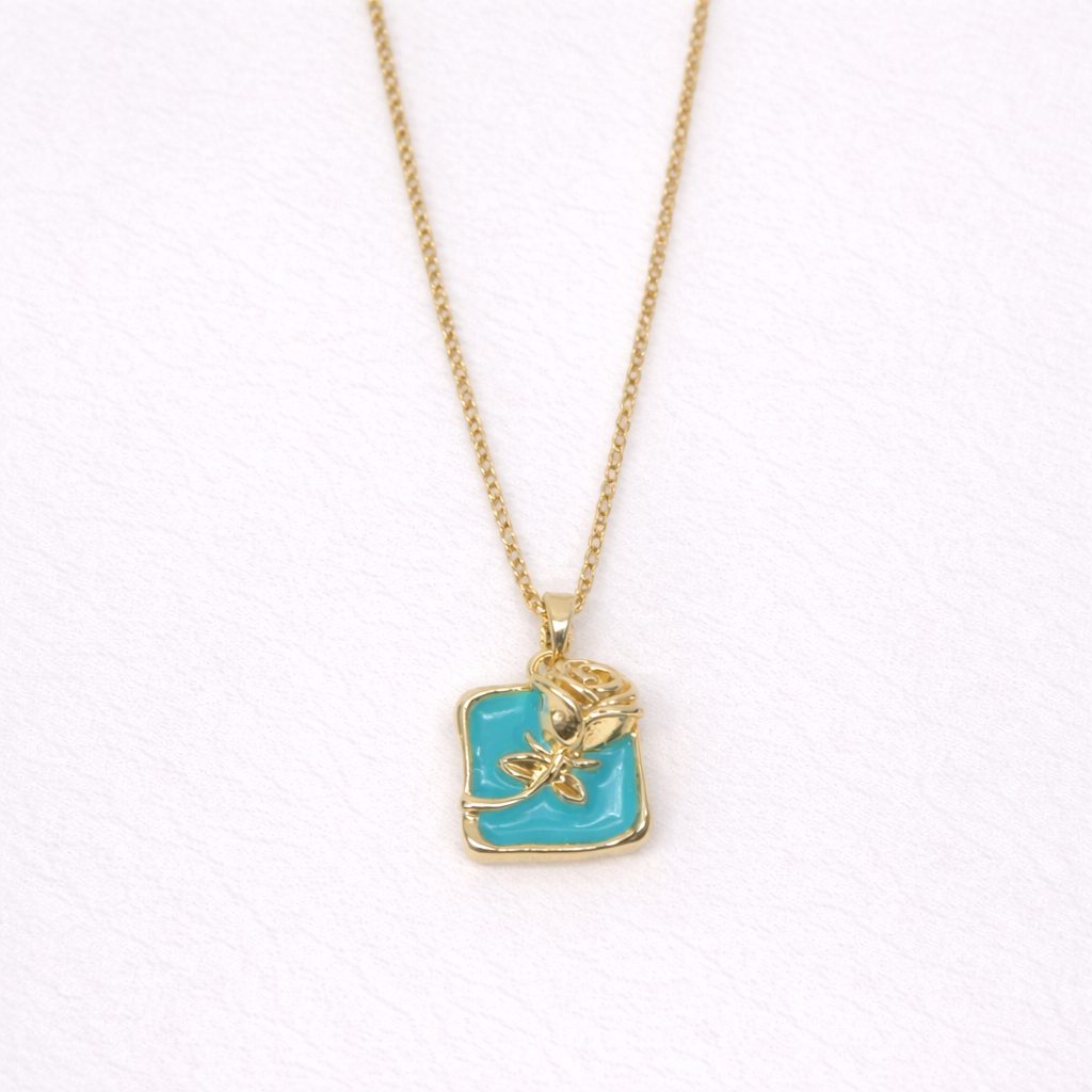 Gold-Plated Turquoise Enamel Floral Square Pendant Necklace