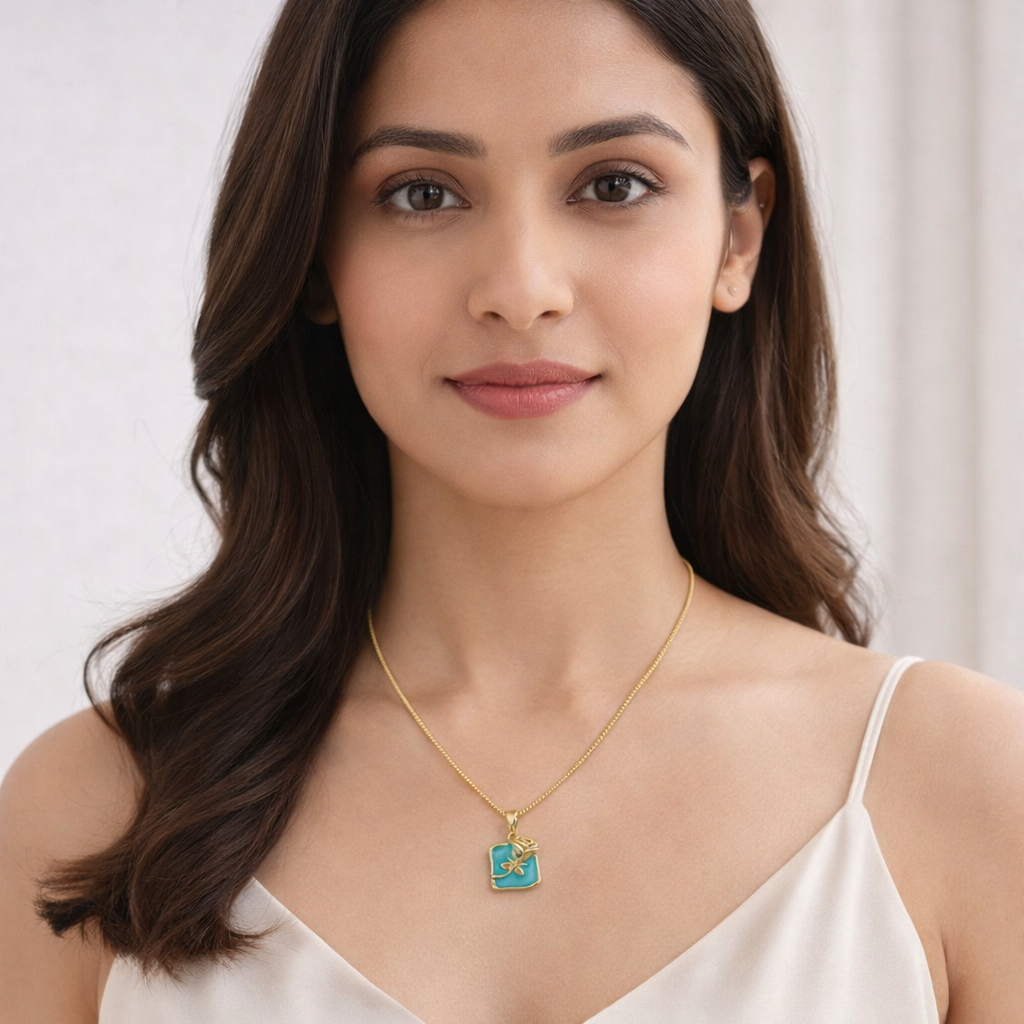 Gold-Plated Turquoise Enamel Floral Square Pendant Necklace