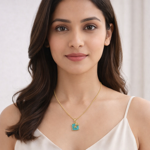 Gold-Plated Turquoise Enamel Floral Square Pendant Necklace