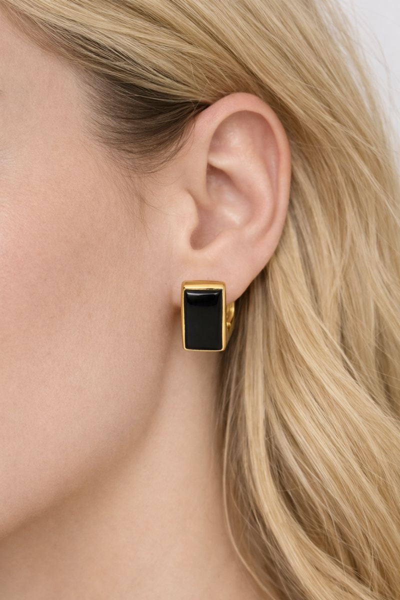 Black Square Stud Earrings with Gold Finish