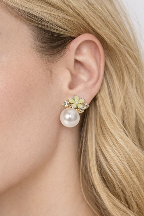 Floral Pearl Stud Earrings with Crystal Detailing