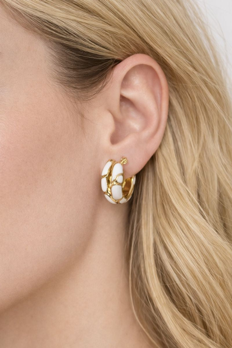 White Enamel Gold Hoop Earrings