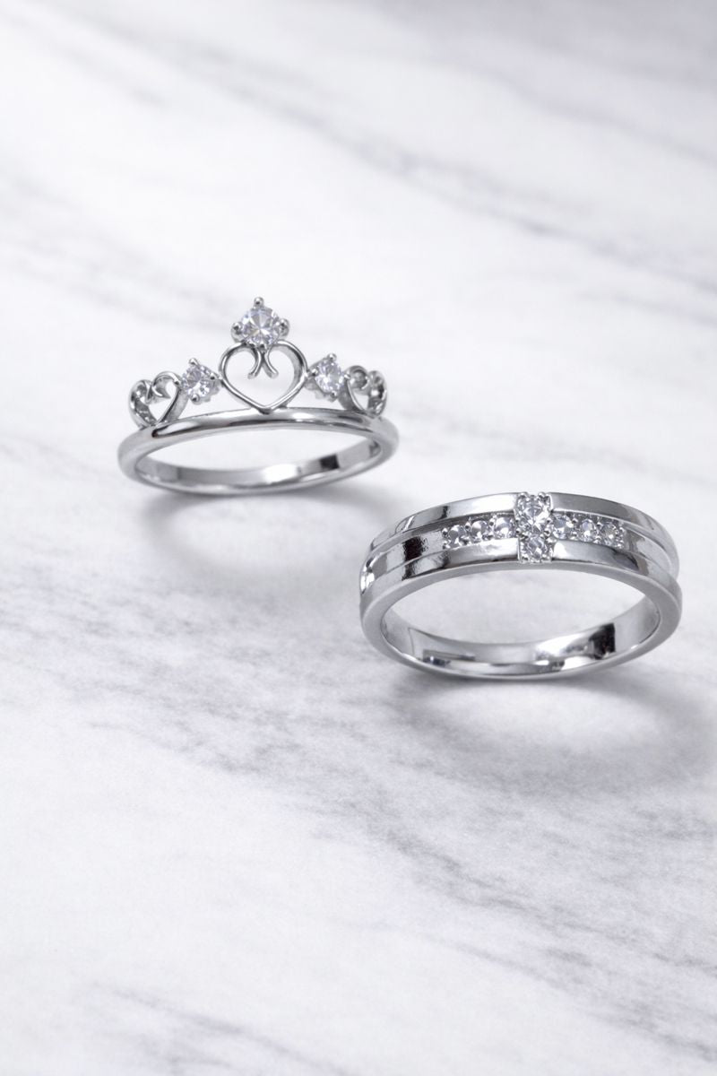 Royal Heart Crown Silver Couple Rings – Sparkling Matching Set