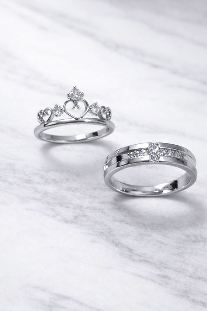 Royal Heart Crown Silver Couple Rings – Sparkling Matching Set